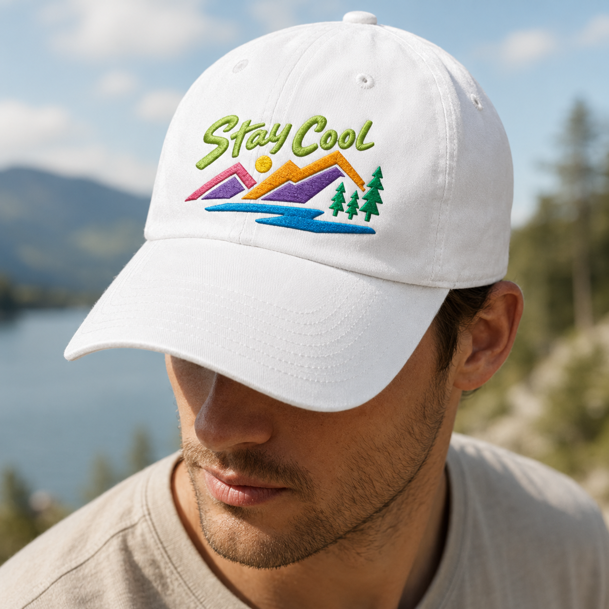Stay Cool Washed Cap, Embroidered Mountain River Dad Hat for Outdoor Adventure Gift - Washed Cap - lifestyle view 3