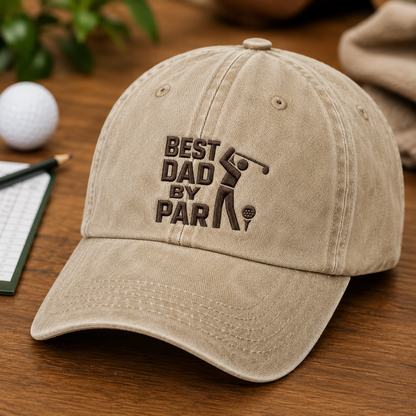 Best Dad By Par Washed Cap, Golf Father Embroidered Hat for Father's Day - Washed Cap - detail view