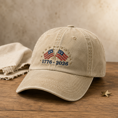 1776-2026 American Flag Washed Cap, 250th Anniversary Patriotic Hat - washed cap - lifestyle view 2