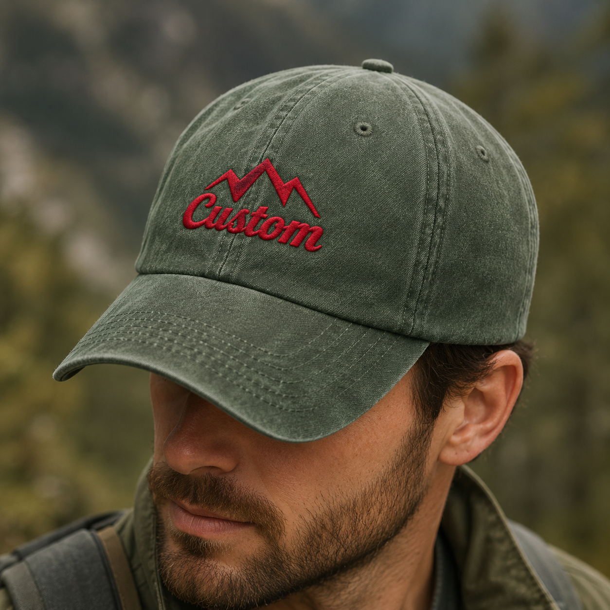 Custom Mountain Washed Cap, Red Embroidered Adventure Hat - Washed Cap - lifestyle view 6