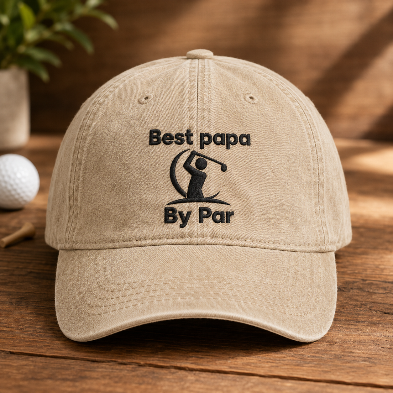 Papa By Par Golf Washed Cap, Embroidered Grandpa Golfer Hat for Fathers Day - Washed Cap - front view