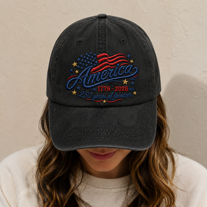 America 1776-2026 250 Years of Freedom Washed Cap, Patriotic USA Anniversary Hat - washed cap - lifestyle view 6