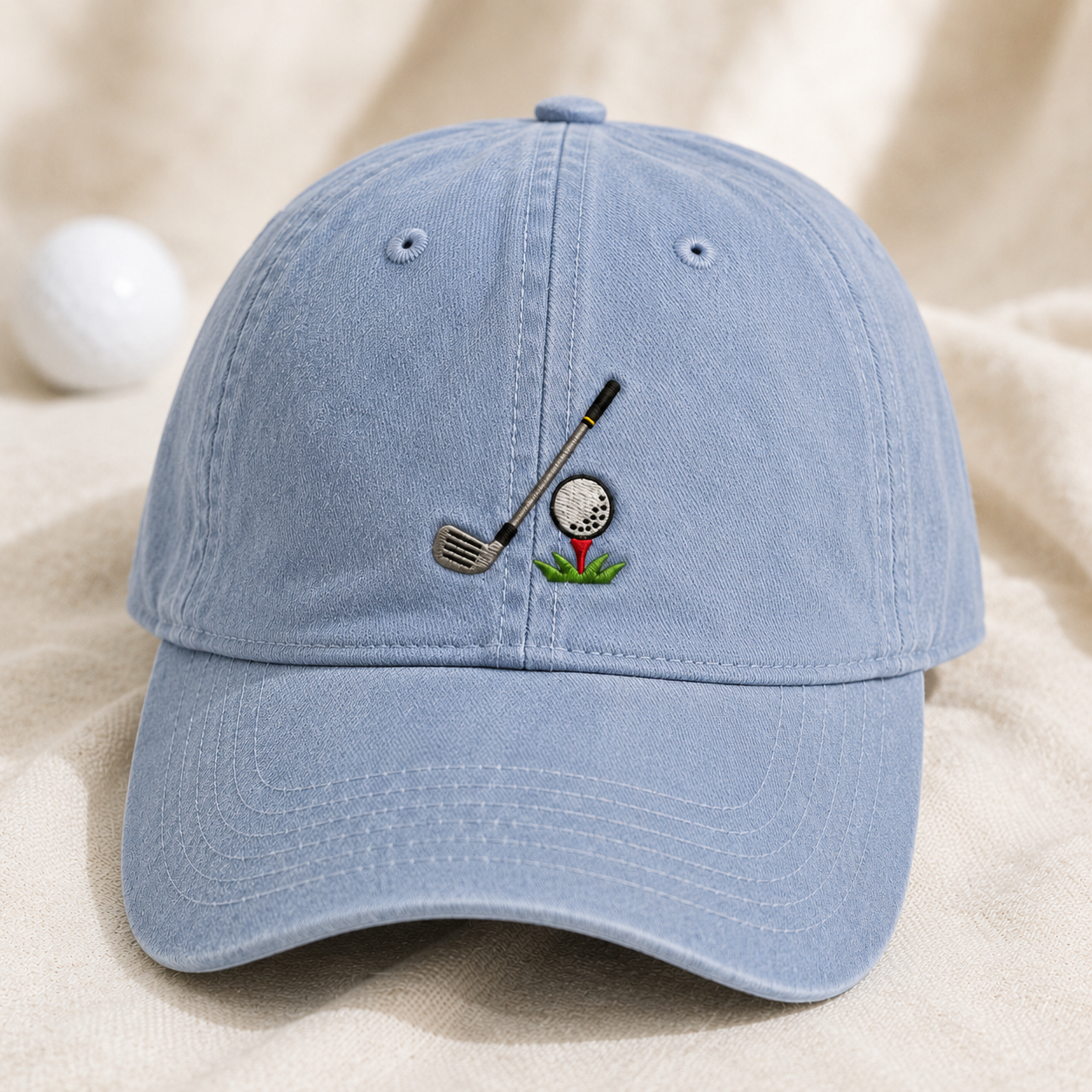 Golf Club Ball Washed Cap, Embroidered Dad Hat for Golfers - Washed Cap - detail view