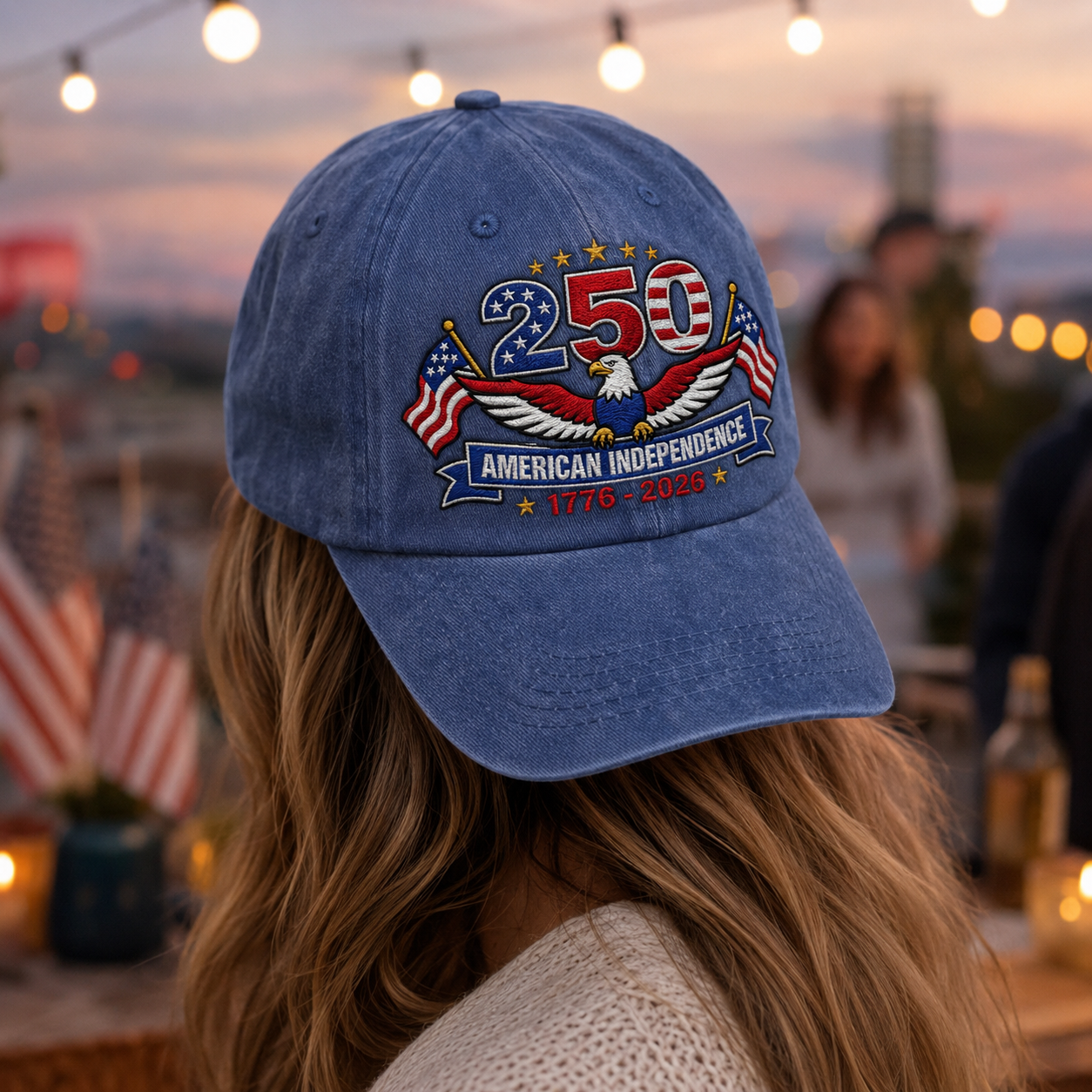250 American Independence Washed Cap, 1776-2026 Patriotic Eagle Hat - washed cap - detail view