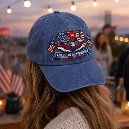 250 American Independence Washed Cap, 1776-2026 Patriotic Eagle Hat - washed cap - detail view