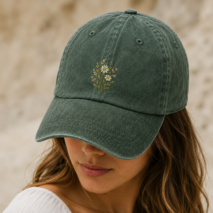 Wildflower Embroidered Washed Cap, Botanical Baseball Hat for Plant Lovers - Washed Cap - lifestyle view 3