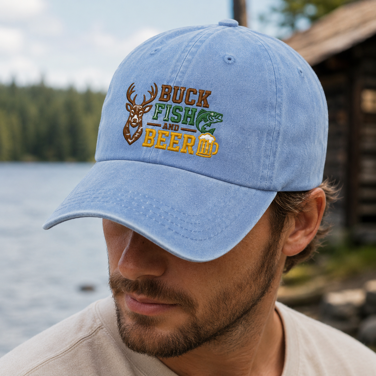 Buck Fish and Beer Washed Cap, Deer Bass Embroidered Hat for Outdoorsmen - Washed Cap - lifestyle view 4