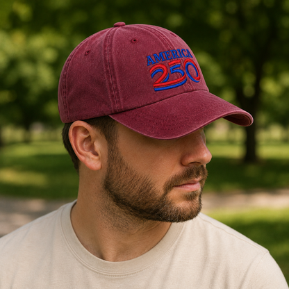 America 250 Washed Cap, Red Blue Embroidered Patriotic Dad Hat - washed cap - lifestyle view 7