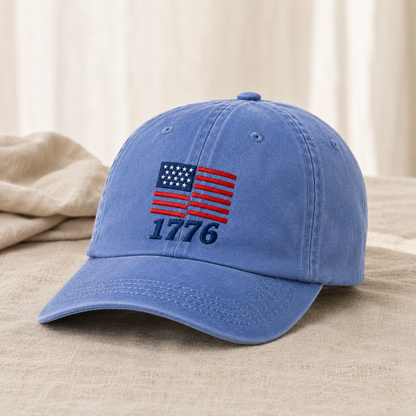 American Flag 1776 Washed Cap, Patriotic Embroidered Dad Hat - washed cap - lifestyle view 4