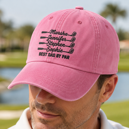 Best Dad By Par Golf Hat, Personalized Kids Names Washed Cap for Father's Day - Washed Cap - lifestyle view 4