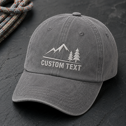 Custom Text Mountain Washed Cap, Personalized Hiking Hat for Outdoor Lovers - Washed Cap - lifestyle view 4