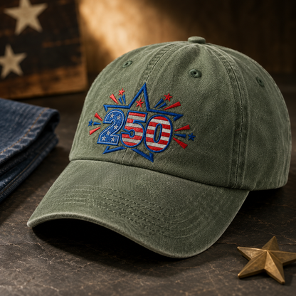 250 Patriotic Washed Cap, Red White Blue Stars USA 250th Birthday Hat - washed cap - lifestyle view 4