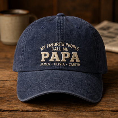 My Favorite People Call Me Papa Washed Cap, Personalized Grandpa Hat with Grandkids Names - Washed Cap - front view