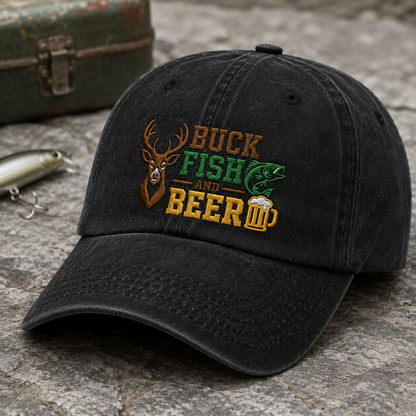 Buck Fish and Beer Washed Cap, Deer Bass Embroidered Hat for Outdoorsmen - Washed Cap - detail view