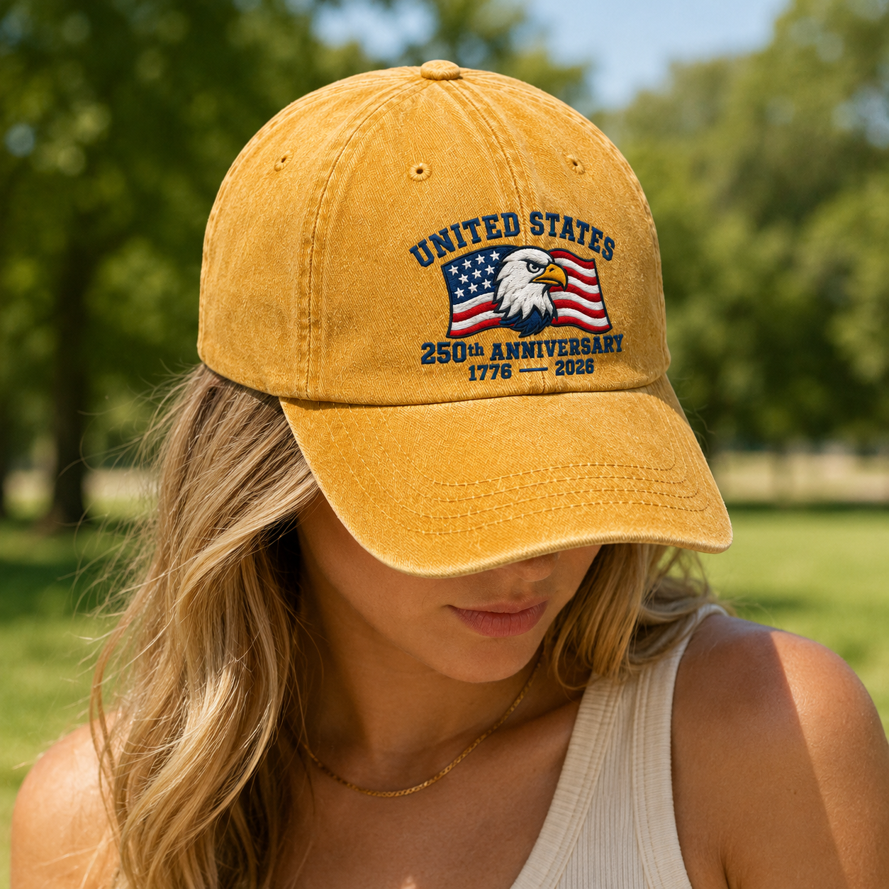 United States 250th Anniversary Washed Cap, Eagle Flag 1776 2026 Patriotic Hat - washed cap - lifestyle view 9