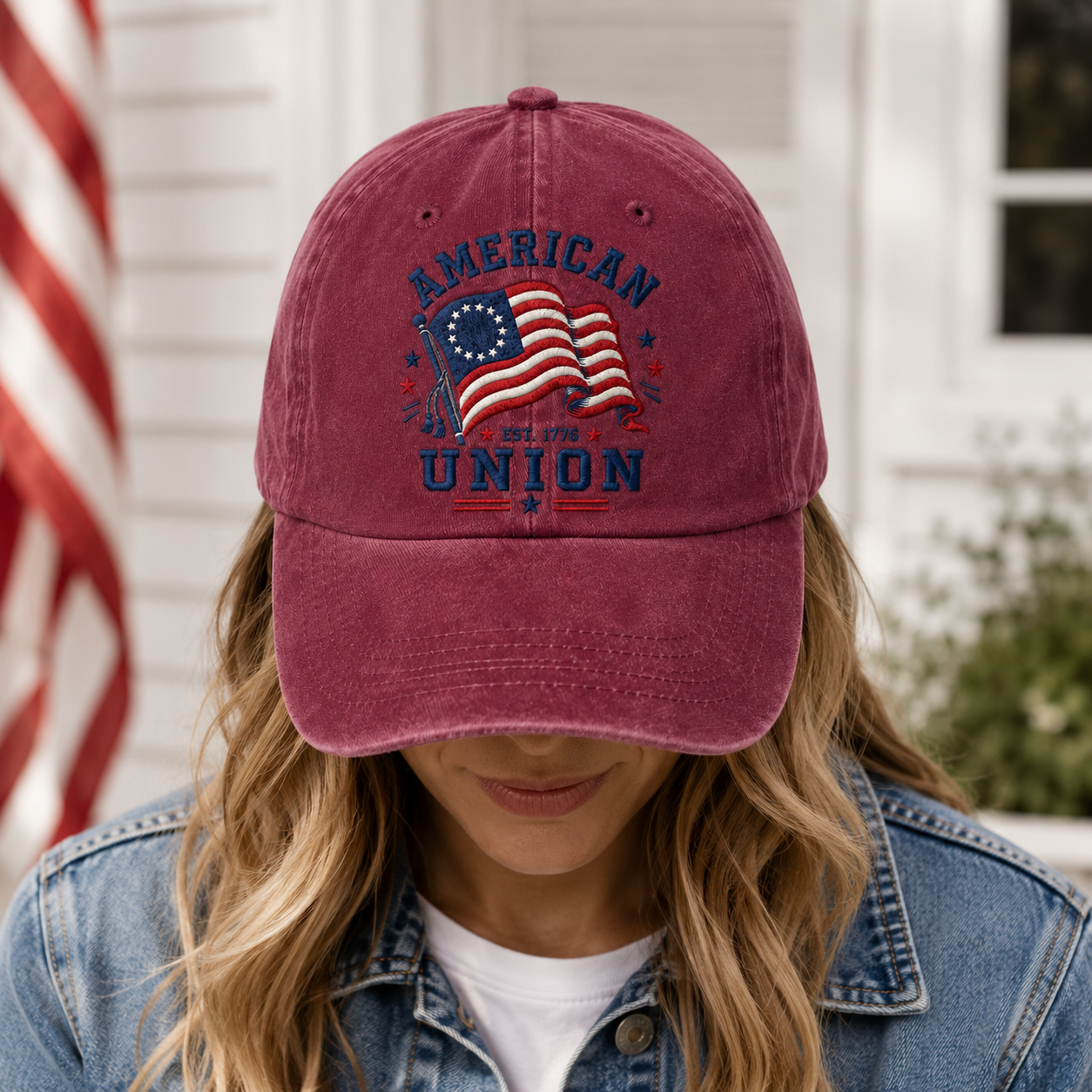 American Union Washed Cap, Est. 1776 Flag Design, Patriotic Embroidered Dad Hat - washed cap - lifestyle view 6