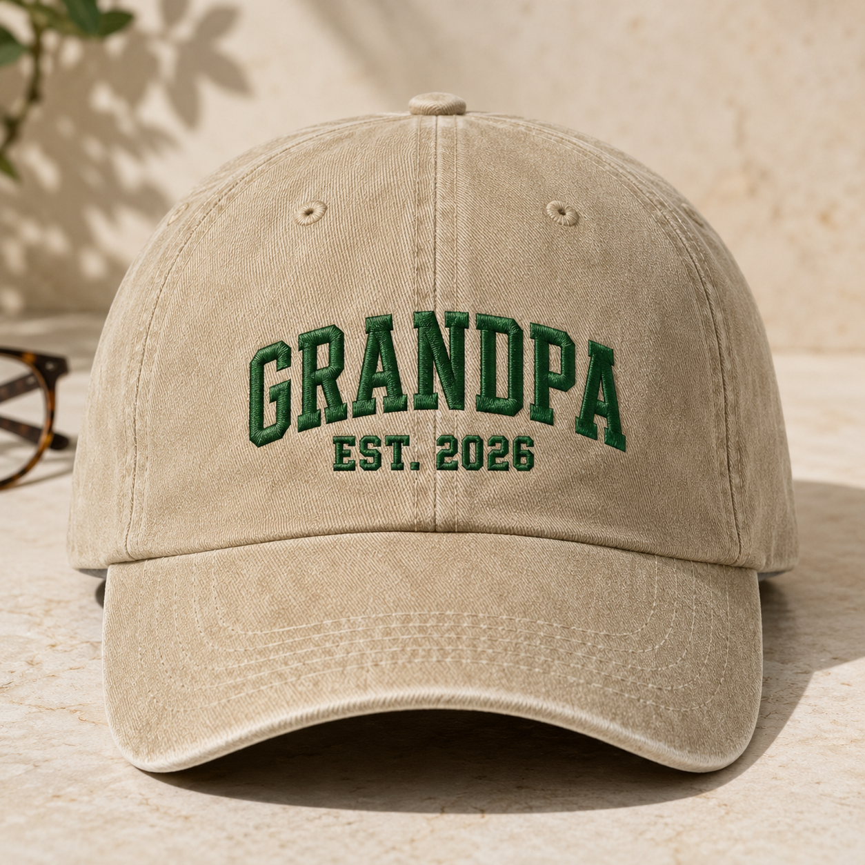 Grandpa Est 2026 Washed Cap, Embroidered New Grandfather Hat - Washed Cap - front view