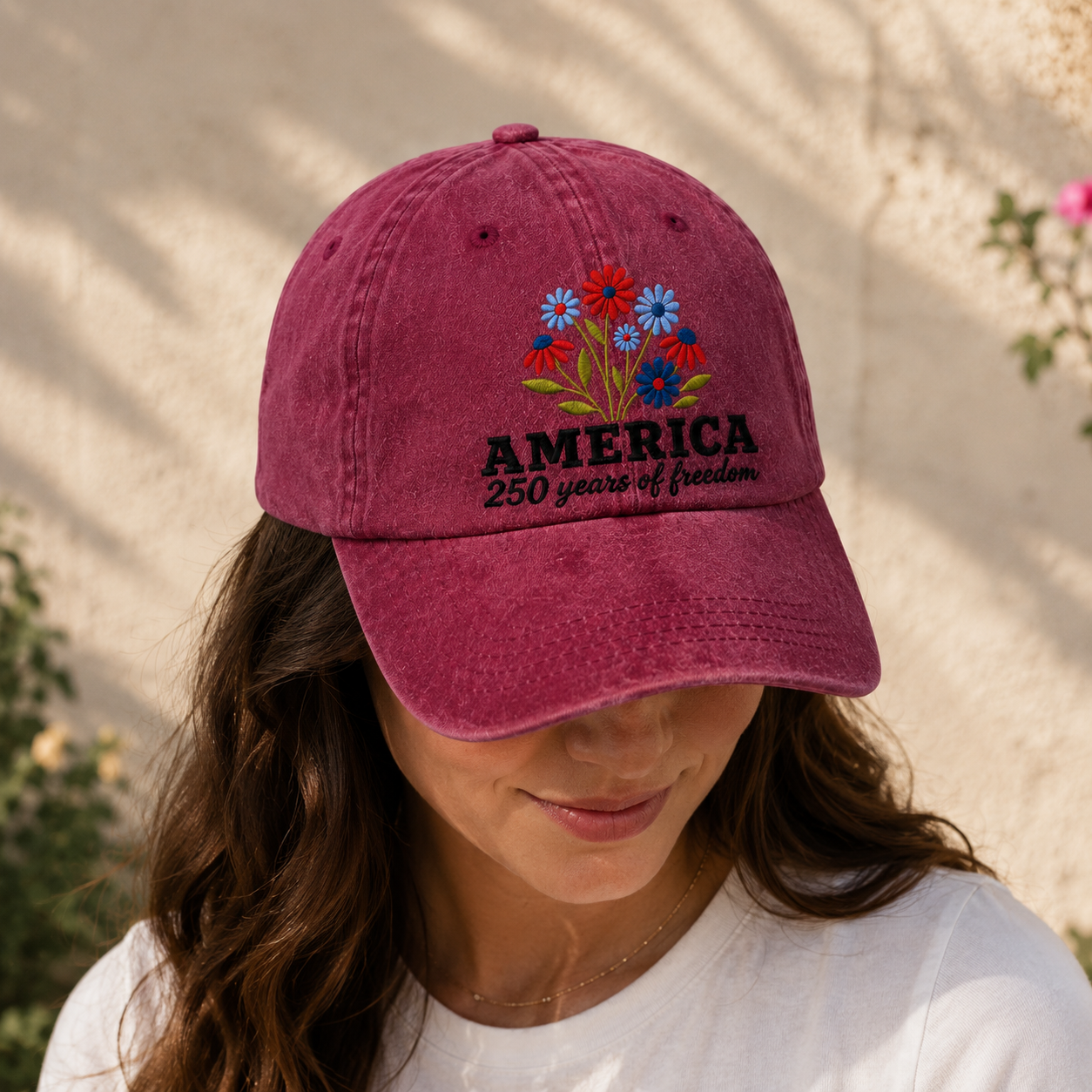 America 250 Years of Freedom Washed Cap, Patriotic Floral Hat for 4th of July - washed cap - lifestyle view 6