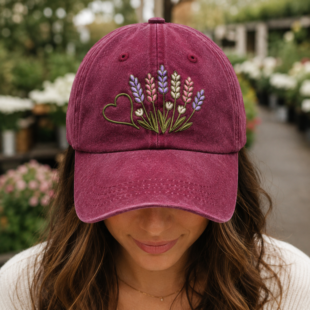 Lavender Wildflower Washed Cap, Embroidered Floral Hat for Garden Lovers - washed cap - lifestyle view 6