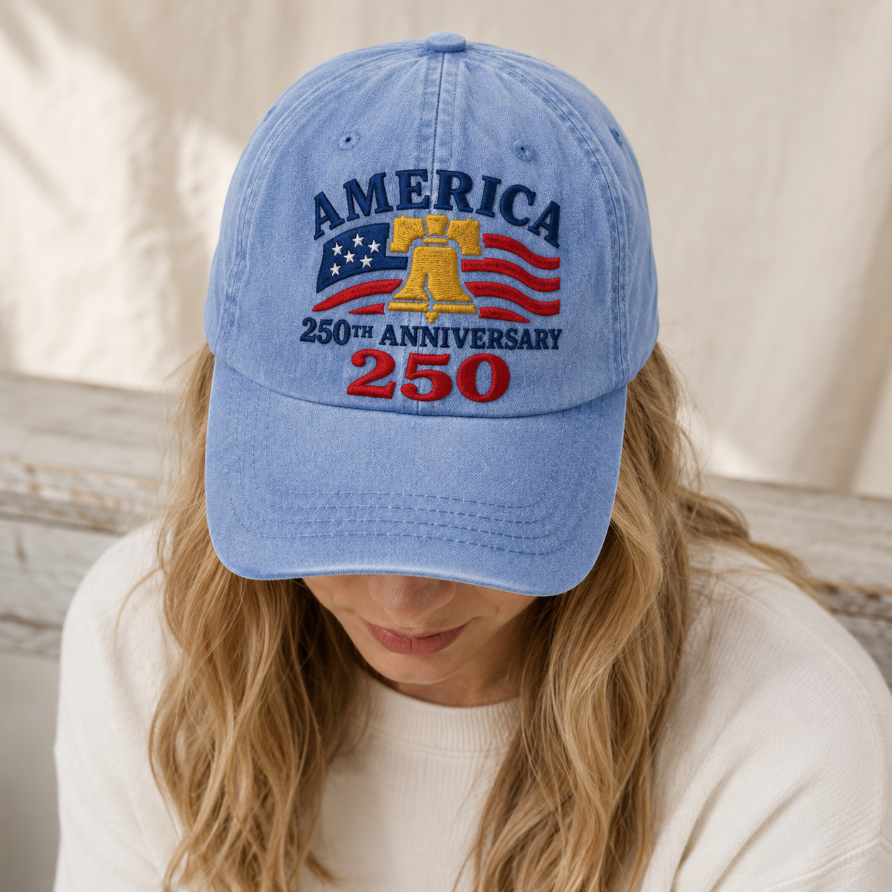 America 250th Anniversary Washed Cap, Patriotic Liberty Bell USA Flag Hat - washed cap - lifestyle view 8