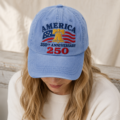 America 250th Anniversary Washed Cap, Patriotic Liberty Bell USA Flag Hat - washed cap - lifestyle view 8