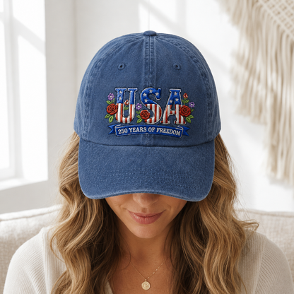 USA 250 Years of Freedom Washed Cap, Patriotic Embroidered Hat - washed cap - lifestyle view 8
