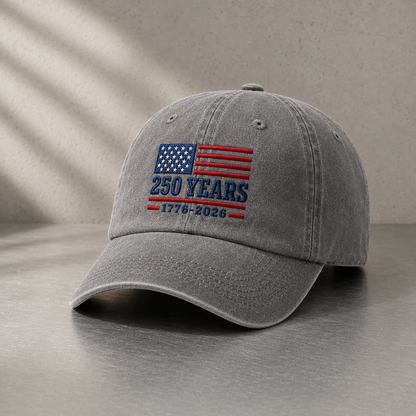 250 Years 1776-2026 USA Flag Washed Cap, America 250th Birthday Hat - washed cap - lifestyle view 4