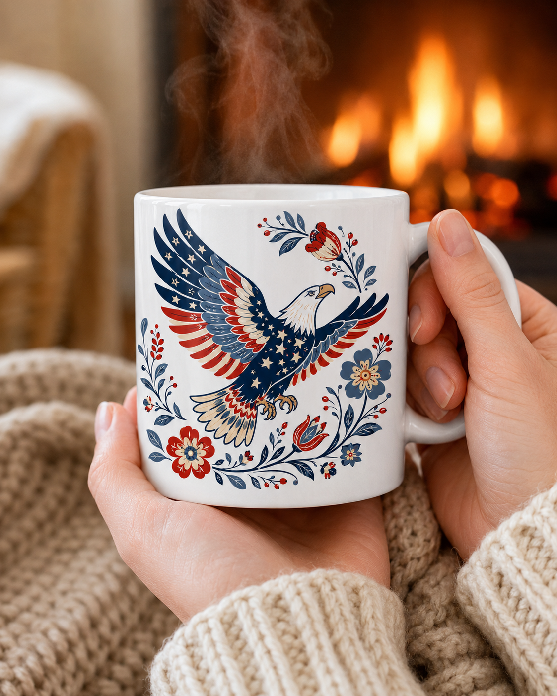 Patriotic Eagle Coffee Mug, Americana Folk Art Bird Gift - Mug - front view