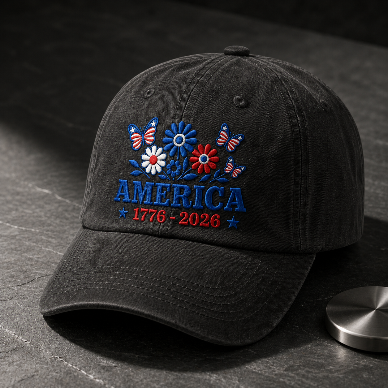 America 1776-2026 Floral Washed Cap, Patriotic Butterfly Headwear - washed cap - lifestyle view 3