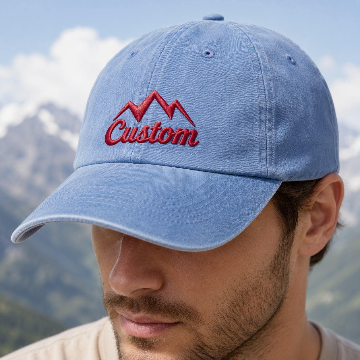 Custom Mountain Washed Cap, Red Embroidered Adventure Hat - Washed Cap - lifestyle view 9