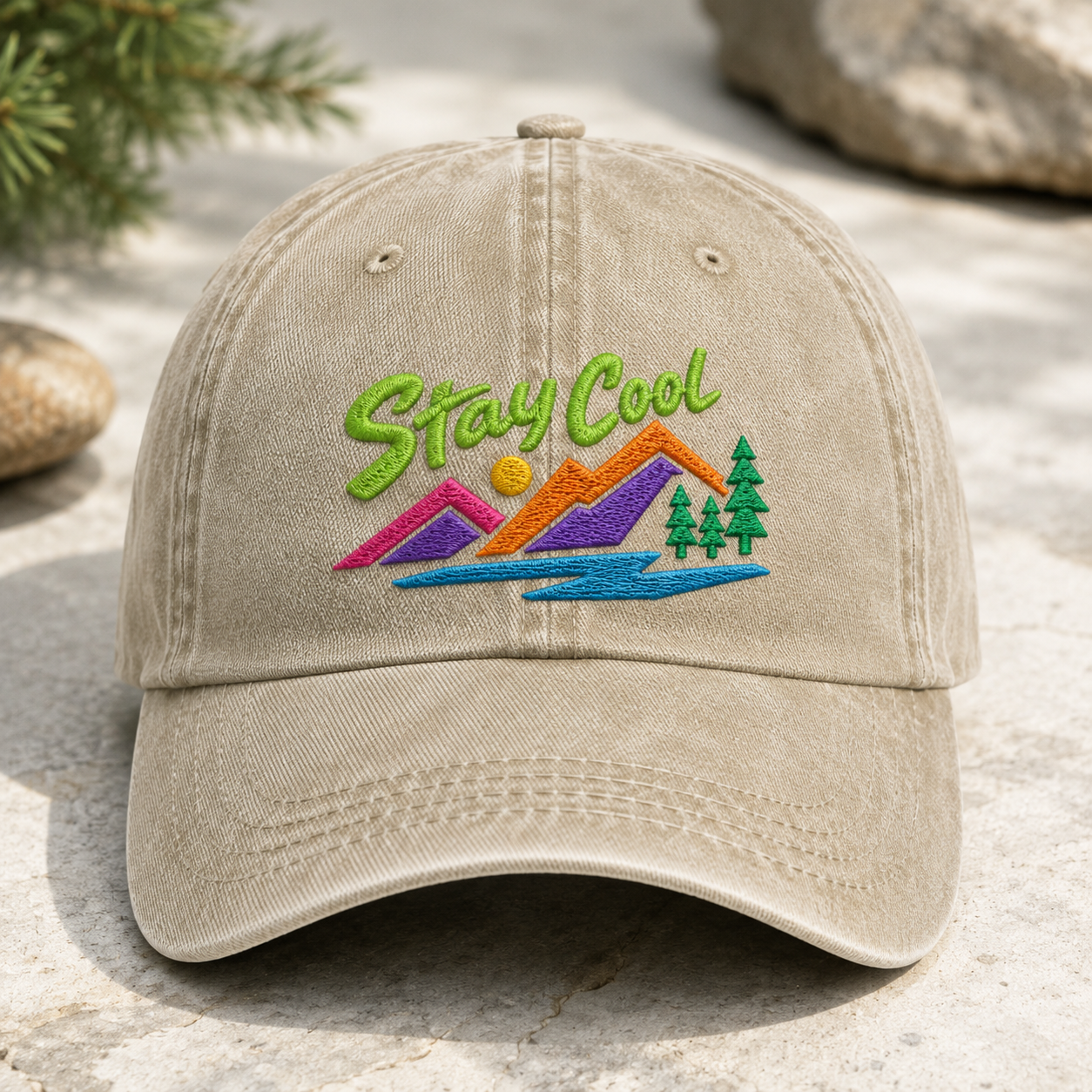 Stay Cool Washed Cap, Embroidered Mountain River Dad Hat for Outdoor Adventure Gift - Washed Cap - detail view