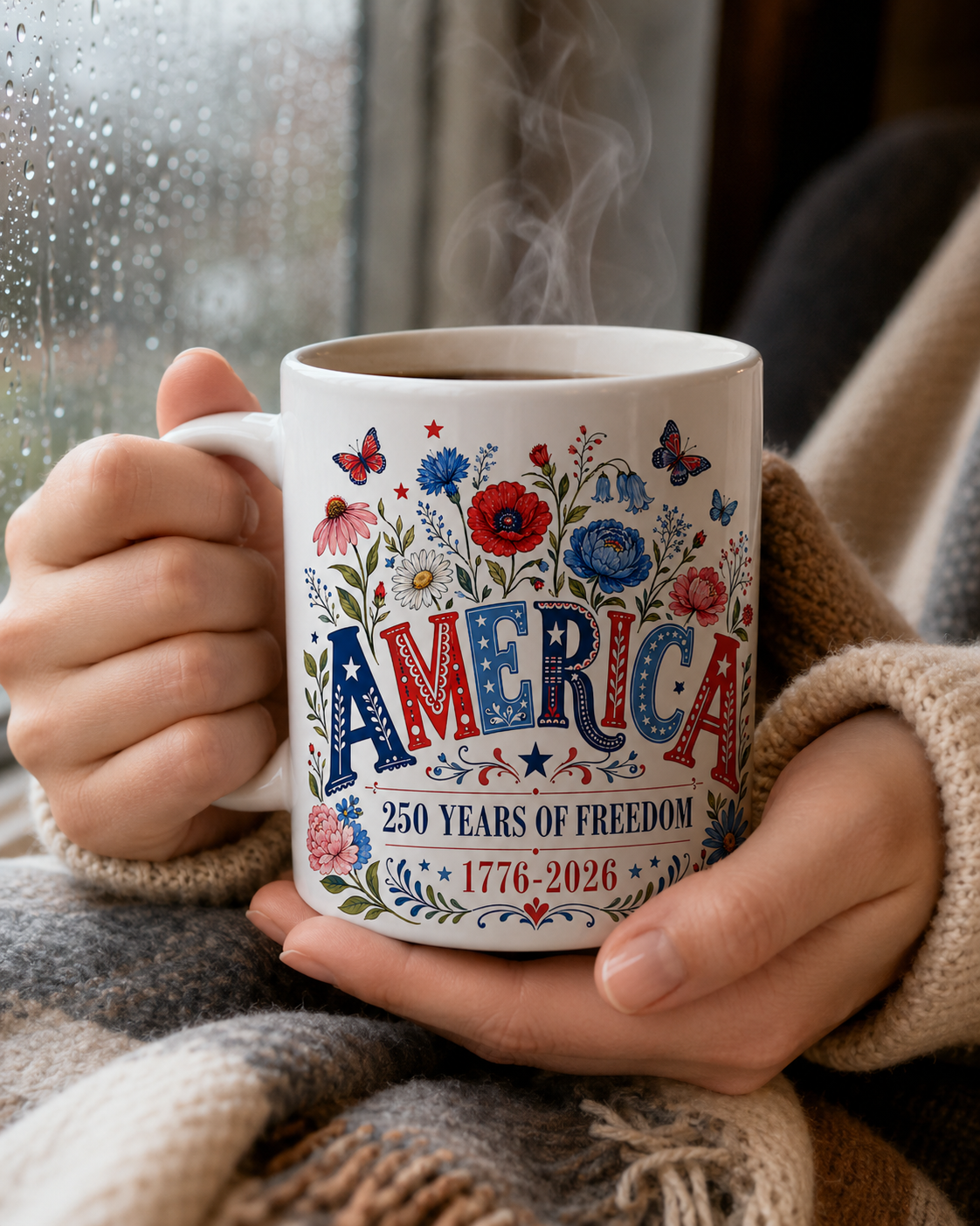 America 250 Years of Freedom Coffee Mug, 1776-2026 Patriotic Floral Gift - Mug - lifestyle view 5