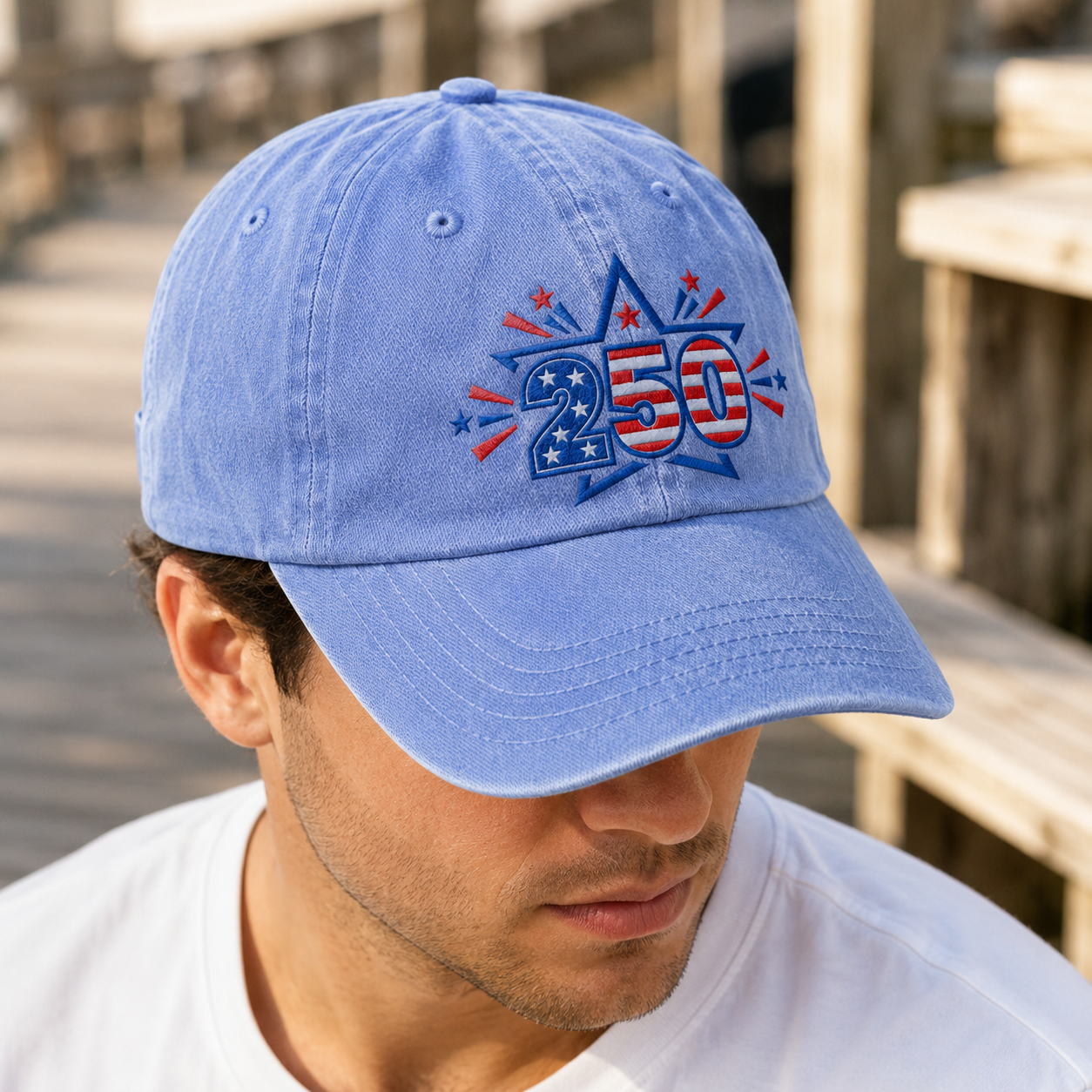 250 Patriotic Washed Cap, Red White Blue Stars USA 250th Birthday Hat - washed cap - lifestyle view 7