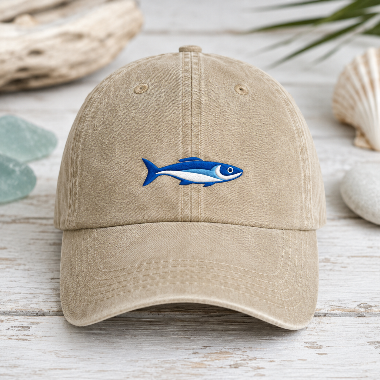 Blue Tuna Fish Washed Cap, Embroidered Coastal Hat for Anglers and Ocean Lovers - Washed Cap - front view
