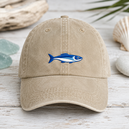 Blue Tuna Fish Washed Cap, Embroidered Coastal Hat for Anglers and Ocean Lovers - Washed Cap - front view