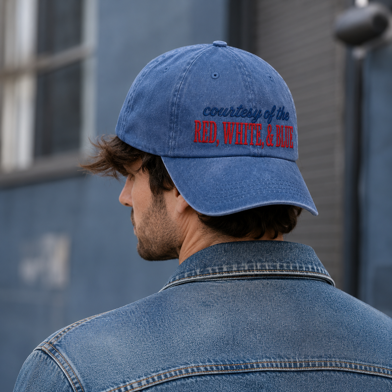 Courtesy Red White Blue Washed Cap, Patriotic USA Baseball Hat - washed cap - detail view