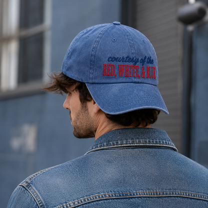 Courtesy Red White Blue Washed Cap, Patriotic USA Baseball Hat - washed cap - detail view