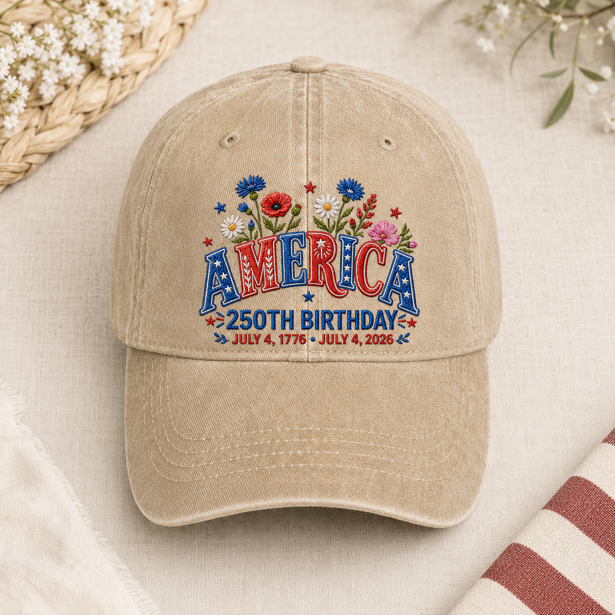 America 250th Birthday Washed Cap, Patriotic USA July 4 2026 Gift - washed cap - lifestyle view 3