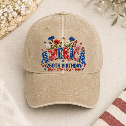 America 250th Birthday Washed Cap, Patriotic USA July 4 2026 Gift - washed cap - lifestyle view 3