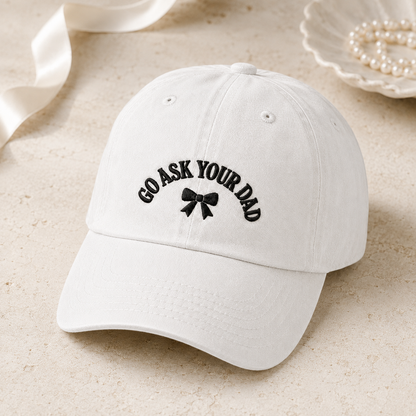 Go Ask Your Dad Washed Cap, Funny Dad Hat with Black Bow Embroidery - Washed Cap - detail view