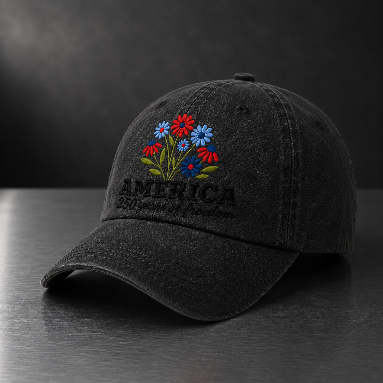 America 250 Years of Freedom Washed Cap, Patriotic Floral Hat for 4th of July - washed cap - lifestyle view 4
