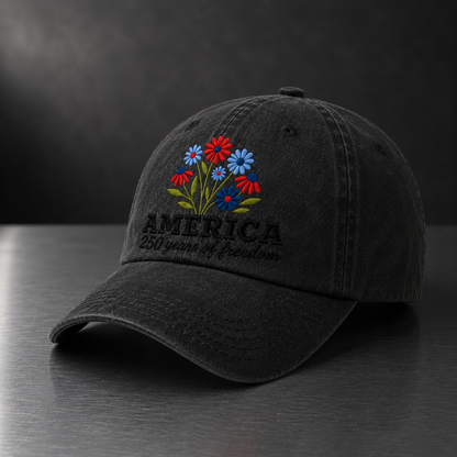 America 250 Years of Freedom Washed Cap, Patriotic Floral Hat for 4th of July - washed cap - lifestyle view 4