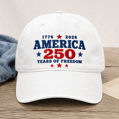 America 250 Years of Freedom Washed Cap, 1776 2026 Patriotic Hat - washed cap - front view
