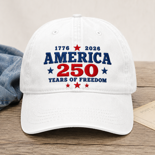 America 250 Years of Freedom Washed Cap, 1776 2026 Patriotic Hat - washed cap - front view