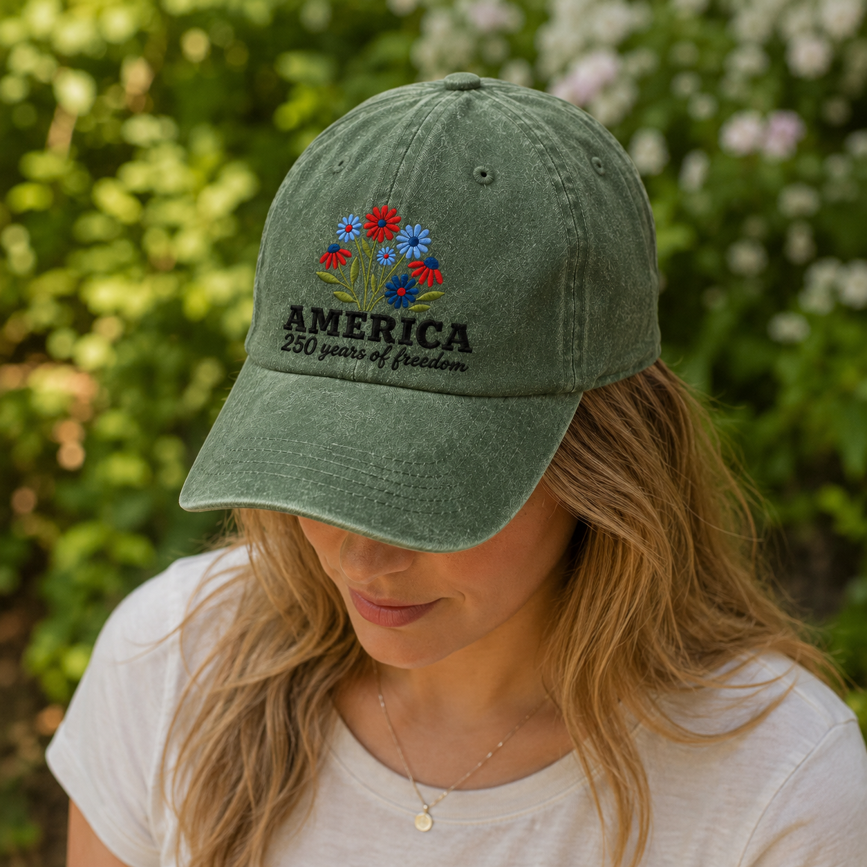 America 250 Years of Freedom Washed Cap, Patriotic Floral Hat for 4th of July - washed cap - lifestyle view 8