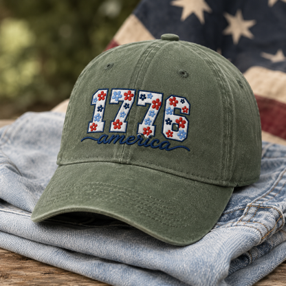 1776 America Floral Embroidered Washed Cap, Patriotic Coquette Hat for Fourth of July - washed cap - lifestyle view 5