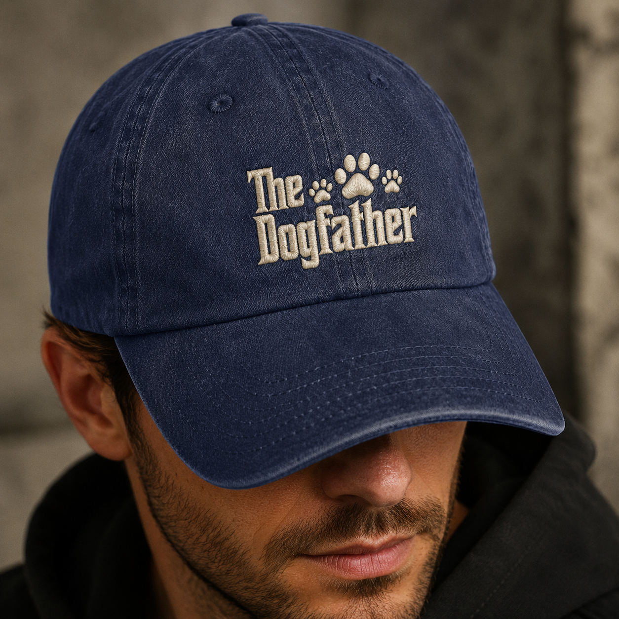 The Dogfather Washed Cap, Funny Dog Dad Hat with Paw Print Embroidery - Washed Cap - lifestyle view 3