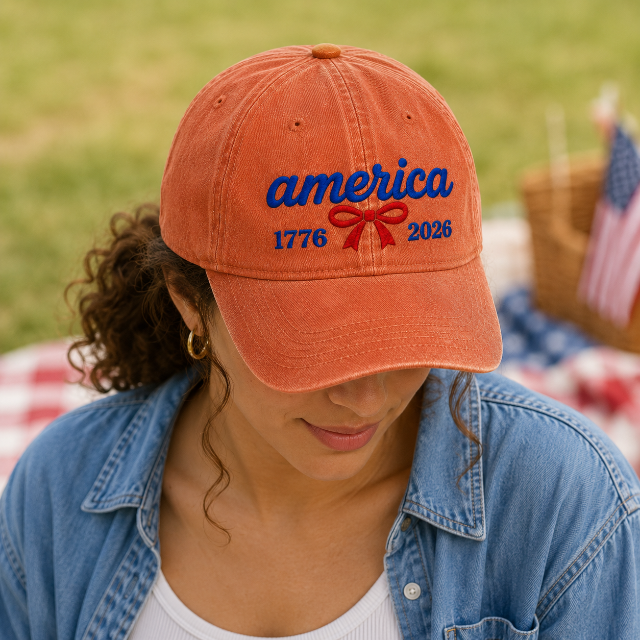 America 1776 2026 Washed Cap, Red Bow Patriotic Dad Hat for 250th Birthday - washed cap - lifestyle view 8