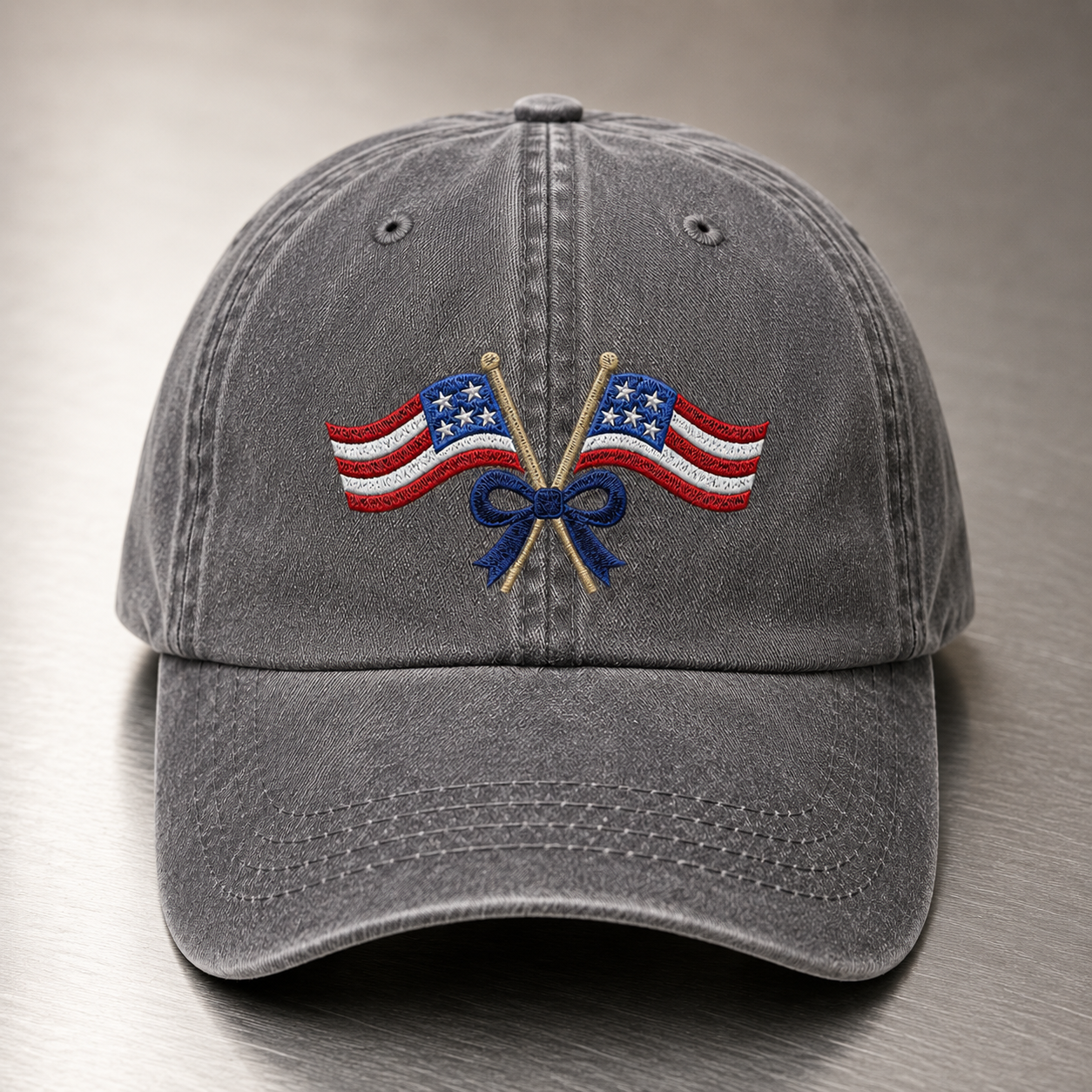 Patriotic Crossed Flags Washed Cap, USA Bow Embroidered Hat for Independence Day - washed cap - lifestyle view 3