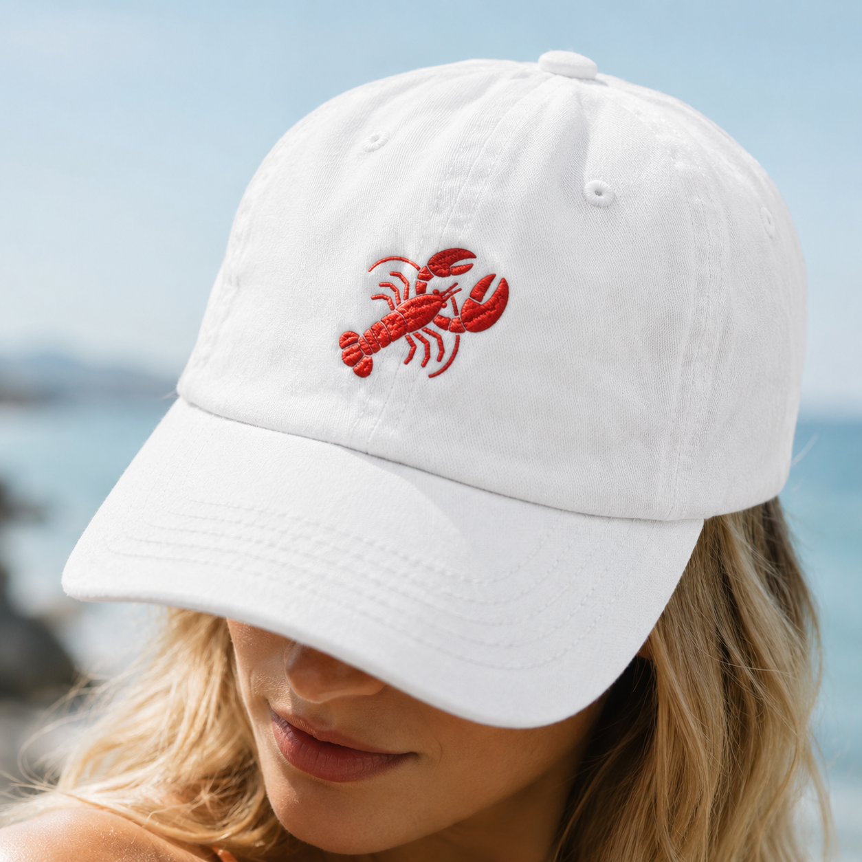 Red Lobster Embroidered Washed Cap, Coastal Seafood Lover Hat - Washed Cap - lifestyle view 4